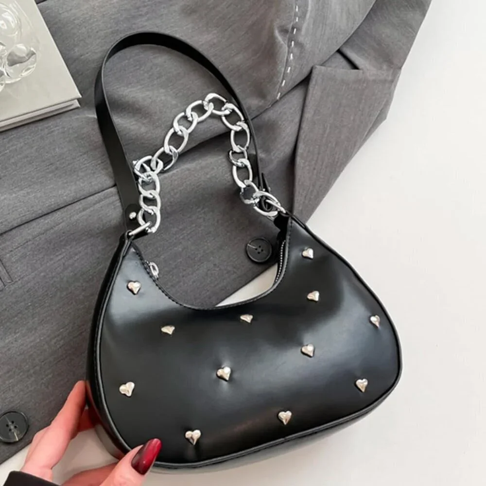 Women's PU Leather Shoulder Bag Metal Chain Rivets Zipper Closure Compact